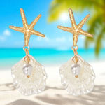 Gold Starfish and Pearl‎ Shell Faux Fashion Earrings Photo 0