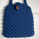 Vintage Crochet Handcrafted Wood Button Blue Handbag 1970s Photo 8