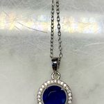 Sterling Silver 925 simulated sapphire Halo Pendant Necklace CZ 18” Photo 0
