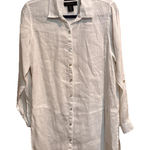 Tahari  100% Linen Button Front Shirt White Long Sleeve Roll Tab Casual Women S Photo 0