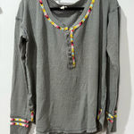 We The Free Free People Gray Blend Rainbow Embroidered Henley Top L Boho Groovy‎ Southwest E Photo 0