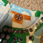 Tory Burch  Elsa Mirror Embellished Green Blue Linen Floral Abstract Vacation Top Photo 3