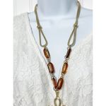 Lilly Pulitzer Boho Lariat Necklace Gold Tone Chain Pink Stone Tassel Pendant Photo 4