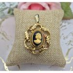Whiting & Davis Vintage  Gold Tone & Black Cameo Leaf Pendant Classic 2" Photo 1