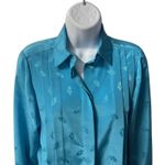 Vintage Feather Print Blouse with Belt Long Sleeve Button Up Top Medium Blue Photo 2