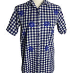 Quacker Factory  Embroidered Button Up Shirt XXS Blue Gingham Short Sleeves Photo 0