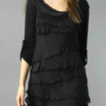 Tempo Paris NWT  L Silk Tiered Stretch Dress Black Long Sleeve Black Frayed Knit Photo 0
