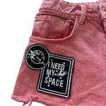 ZARA Faded Coral Pink Denim High Waisted Cut Off Jean Shorts "Space" Patches Photo 3