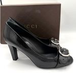 Gucci  Sachalin GG Buckle Patent Black Leather Peep Toe Heels Sz 39.5 Luxury Photo 3