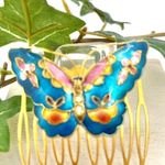 Vintage Enamel Butterfly Floral Hair Comb Gold Blue Photo 1