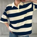 Striped Navy and Cream Top Loose Polo Short Sleeve T Photo 1