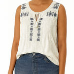 Lucky Brand  Boho White Tank Top with Blue Embroidery Photo 0