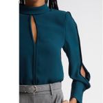Reiss  Cherry Keyhole Mock Neck Long Sleeve Blouse Office Dark Teal Career size 4 Photo 2