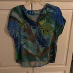 Via Appia Tropical Leaf Print V Neck Short Sleeve Blouse Women's Top Green Photo 0