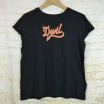 Old Navy Y2K Devil T-shirt Womens XL Black Spellout Horns Cap Sleeve Gothic VTG Photo 0