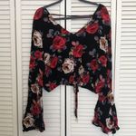 Polly & Esther Black Floral Crop Top With Bell Sleeves Photo 0