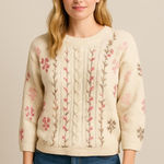 Vintage Cottagecore Cream Sweater with Pink Floral Accents Photo 0