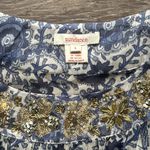 Sundance Blue and Cream Flutter Sleeve Sheer Blouse with Gold necklace Size L Photo 2