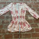 Princess Polly  Cream & Red Floral Sheer V-Neck Wide Smocked Waist Mini Dress 8 Photo 13