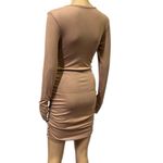 Ruched Side Tan Nude Ribbed Long Sleeve Mini Shirt Dress Womens Small Photo 3