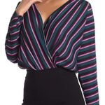 ASTR  Women’s Plunging V Neck Bodysuit Blue Pink Stripe Long Sleeve Top‎ Size Med Photo 2