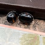 Vintage West Germany Multicolor Amber Brown Glass Cabochon Steel Stud Earrings Photo 6