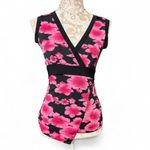 American Vintage Y2K Black Pink Floral Wrap Top Tie Back Women's Small Sleeveless V Neck USA Made Photo 1