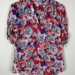 Kut From The Kloth  Blouse Top Womens Medium Red Floral Sheer‎ Chiffon V-Neck Tie Photo 0