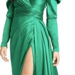 Mac Duggal  Puff Sleeve Satin Faux Wrap Gown in Emerald Green Size US 14 NWT Photo 0