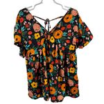 Entro  Floral babydoll Blouse M Black Orange Yellow Green colorful flowy silky Photo 1