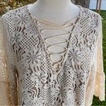 Entro  Top Floral Lace Mesh Cream Lace-Up Bell Sleeve Blouse Photo 5