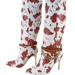 Cape Robbin Brown & White Cow Print Faux Leather High Heel Boots Chains Size 7 Photo 0