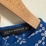 ZARA  Royal Blue boho Embroidered Puff Sleeve Top Scalloped Hem blouse cotton S Photo 2