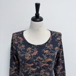 Peruvian Connection  Navy Blue Orange Floral Long Sleeve Knit Slim Fit Top Medium Photo 1