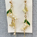 Elegant Gold Butterfly Lily of the Valley Drop Earrings Floral Dangle Pearl new Photo 0