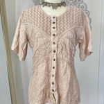 Boho Cottagecore Milkmaid Cream Tan Embroidered Lace Button Down Blouse Top OS Size M Photo 5