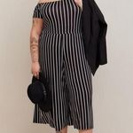 Torrid Plus 1 1X Super Soft Knit Culotte Jumpsuit Off Shoulder Black Striped Photo 0