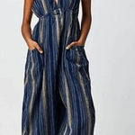Free People Kind Favor Navy Blue Cotton Wide Leg Romper Jumpsuit Medium Photo 0