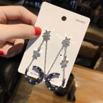 Moon and Stars Long Tassel Dangle Drop Earrings Silver Photo 2