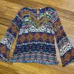 Umgee  Bohemian Bell Sleeve Top Aztec Diamond Print Multicolor Lace‎ Size Small Photo 0