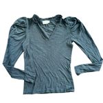 Nation Ltd  Black V Neck Long Puff Ruched Sleeve Shirt Top Pima Cotton Kristen XS Photo 1