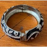 Silver Tone Black Enamel Hinged Bangle Bracelet Rhinestone Crystal Scroll Design Photo 6