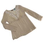 Sheer Beige silk Long Sleeve Embroidered Blouse Tie Waist flowy boho feminine m White Size M Photo 0