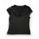 Women Black Lace V Neck Short Sleeve Top Romantic Chic Elegant Casual Size XL Photo 1