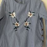 ZARA  Blue and White Striped Top With Embroidered Florals Size Small Photo 1