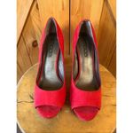 Moda Spana  10M  Red Suede Leather Peep Toe Chunky High Heel Pumps Shoes Photo 1