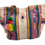 Boho Woven Canvas Tote Colorful Stripe Tassel Artisan Bag India Pink Photo 0