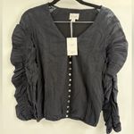 Cami NYC  Ruched Sleeve Button Front Blouse Black Textured V-Neck Size xs NWT Photo 0