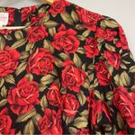 Vintage 80s Floral Dress Roses Dropped Waist Long Sleeve Modest Black Red Retro Size 8 Photo 10