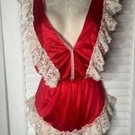 Vtg. Shirley of Hollywood Lace Trim Teddy Lingerie Red Satin Plunge V Neck S Photo 0